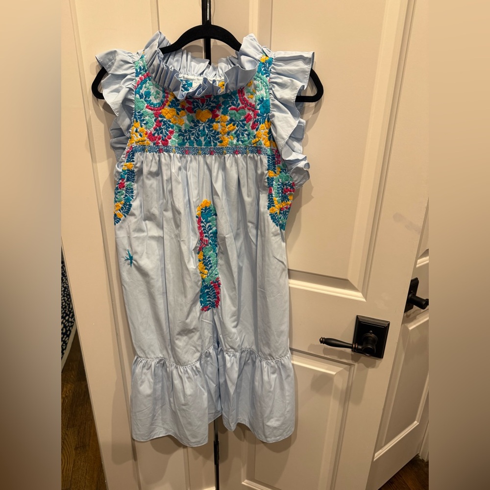 Mi Golondrina Light Blue Floral Embroidered Mini Dress
